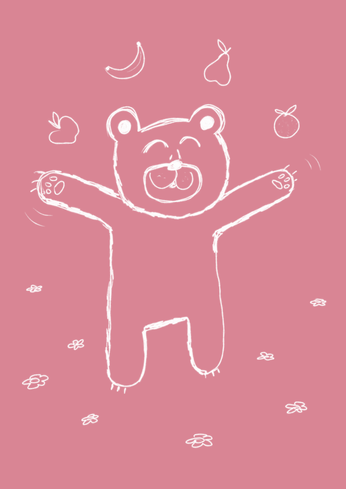 A cheerful bear juggling fruits
