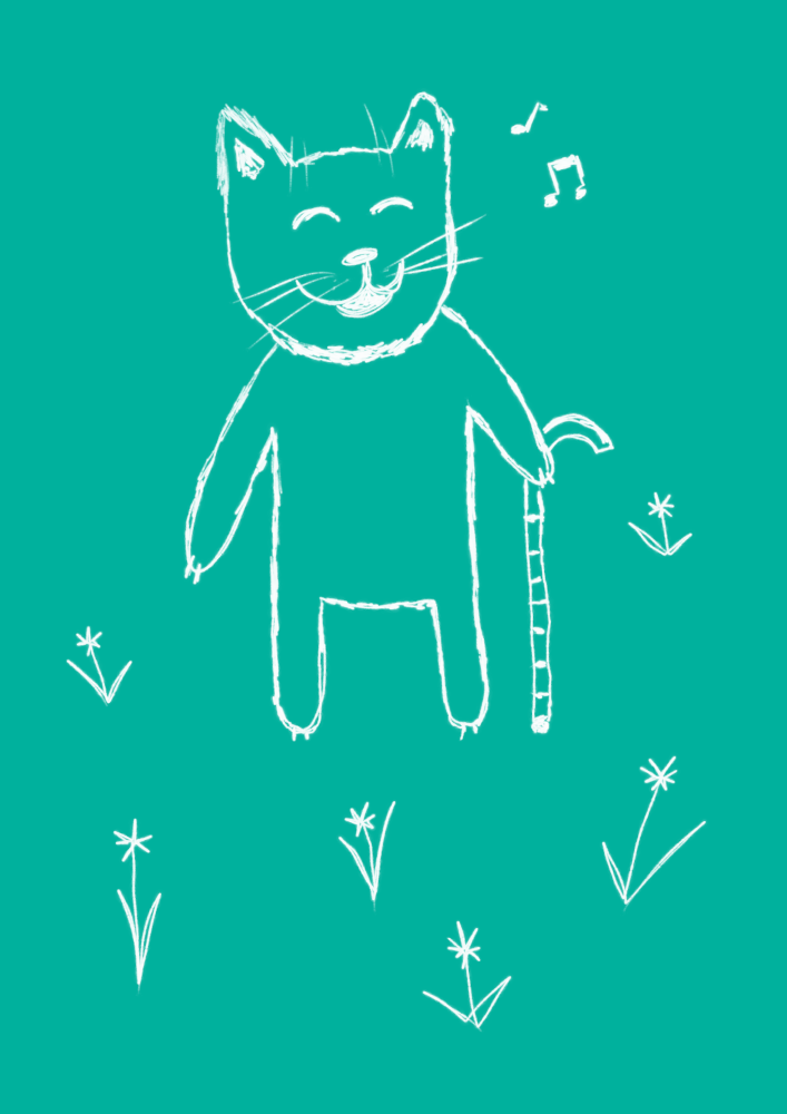 A cat using a cane sings as it strolls through a field of flowers