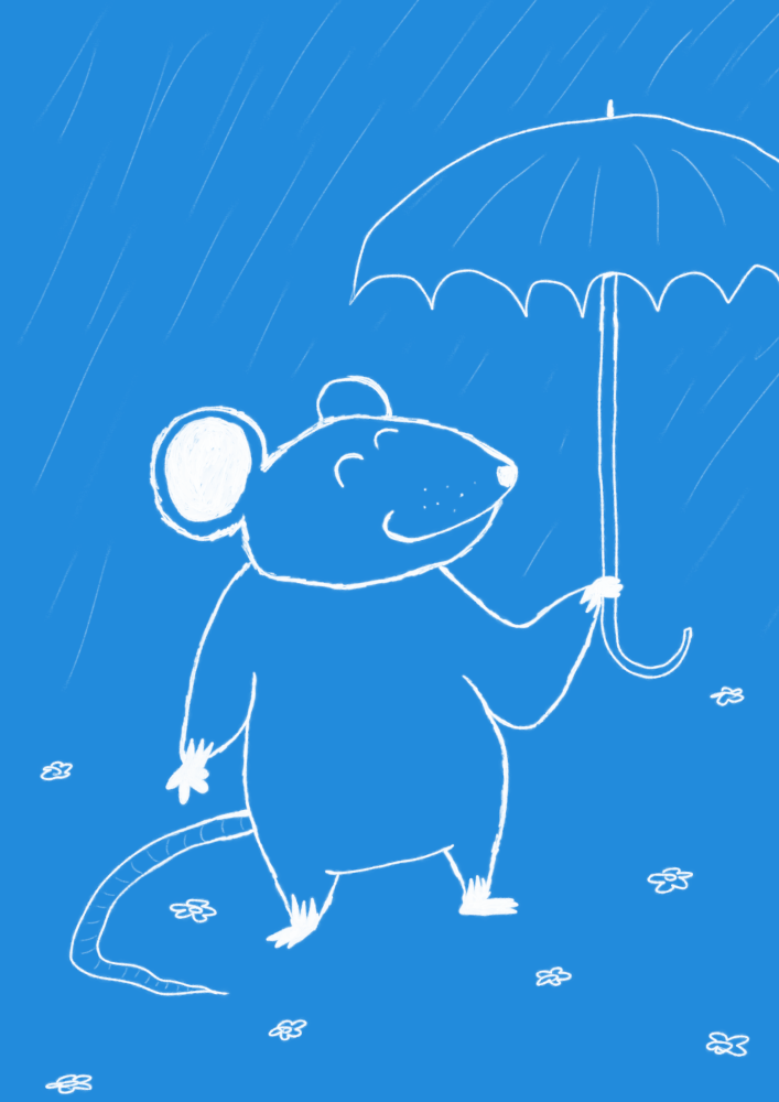 A happy mouse holding an umbrella up on a rainy day